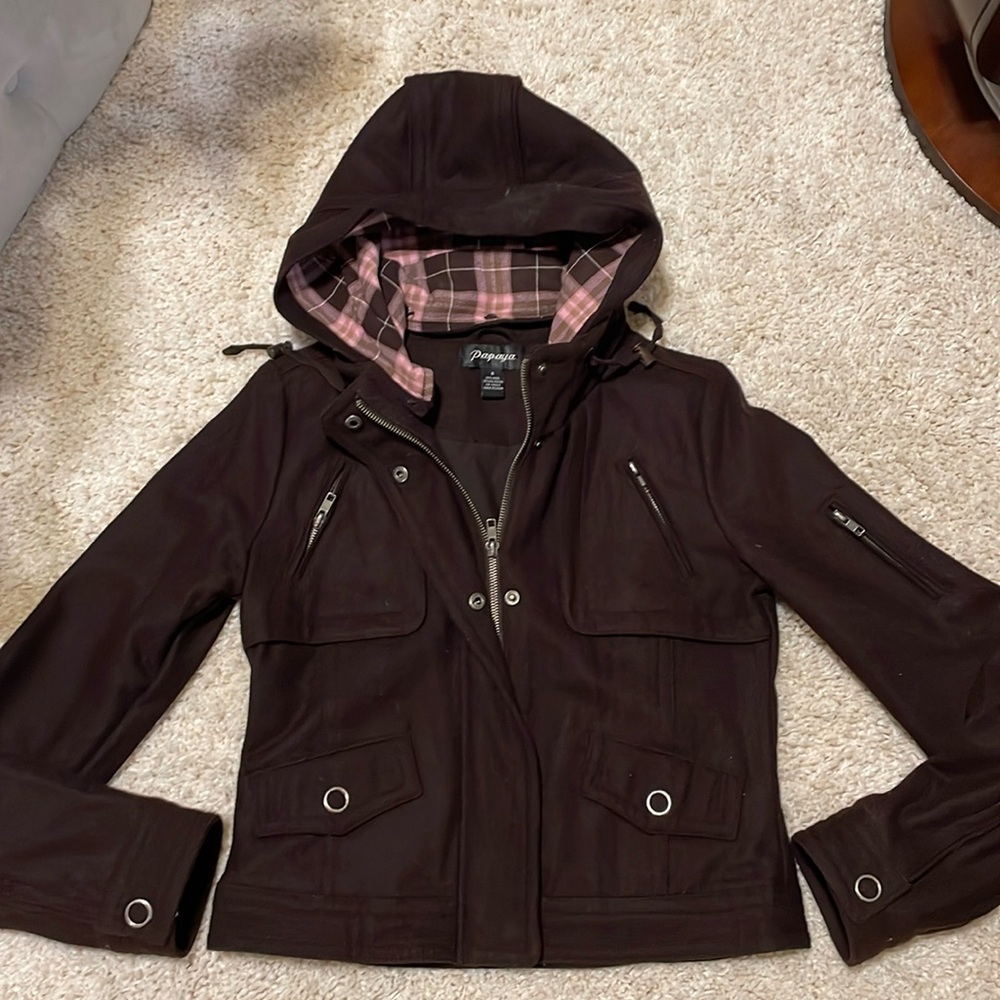 Papaya brown wool polyester jacket small hood removable like new